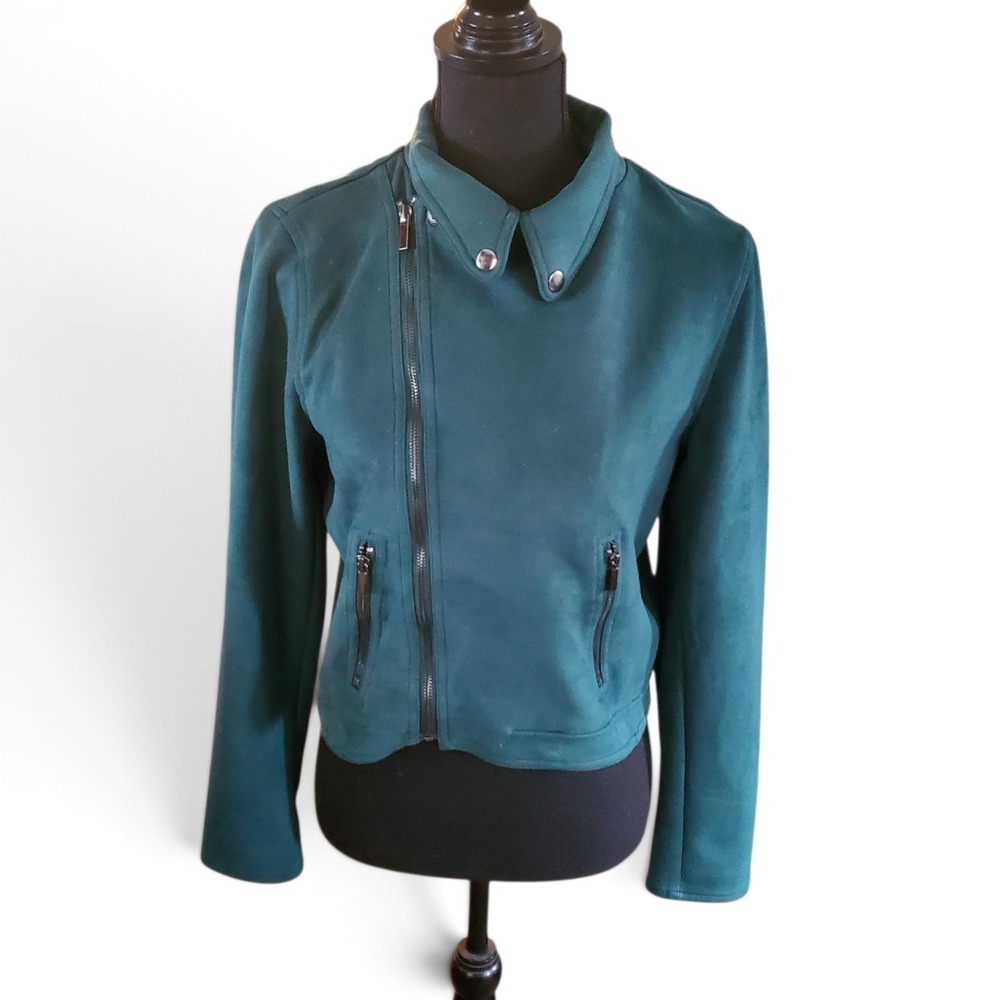 Shinestar Forest Green Faux Suede Moto Jacket Asymmetrical Zip Womens L